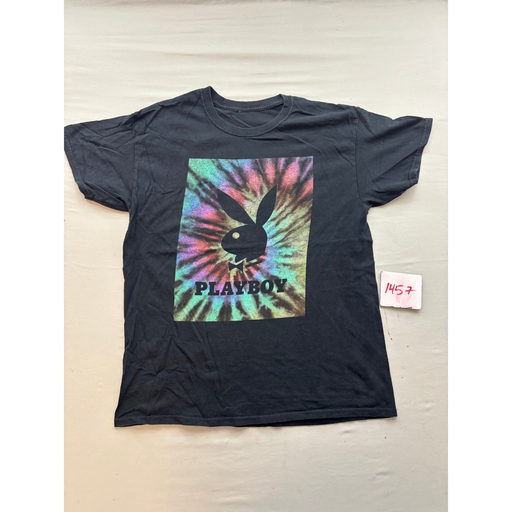 Playboy Bunny Logo Tie Dye Graphic T-Shirt Black Short Sleeve Mens Medium